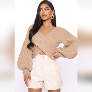 🔥Cable Knit Crossover Off The Shoulder Sweater In Taupe, Sz M, New, W/Tags!